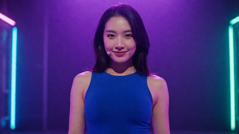 黄瓜视频主题首页的虚构成年女主播穿蓝色舞台装，在霓虹灯舞台中央近景出镜