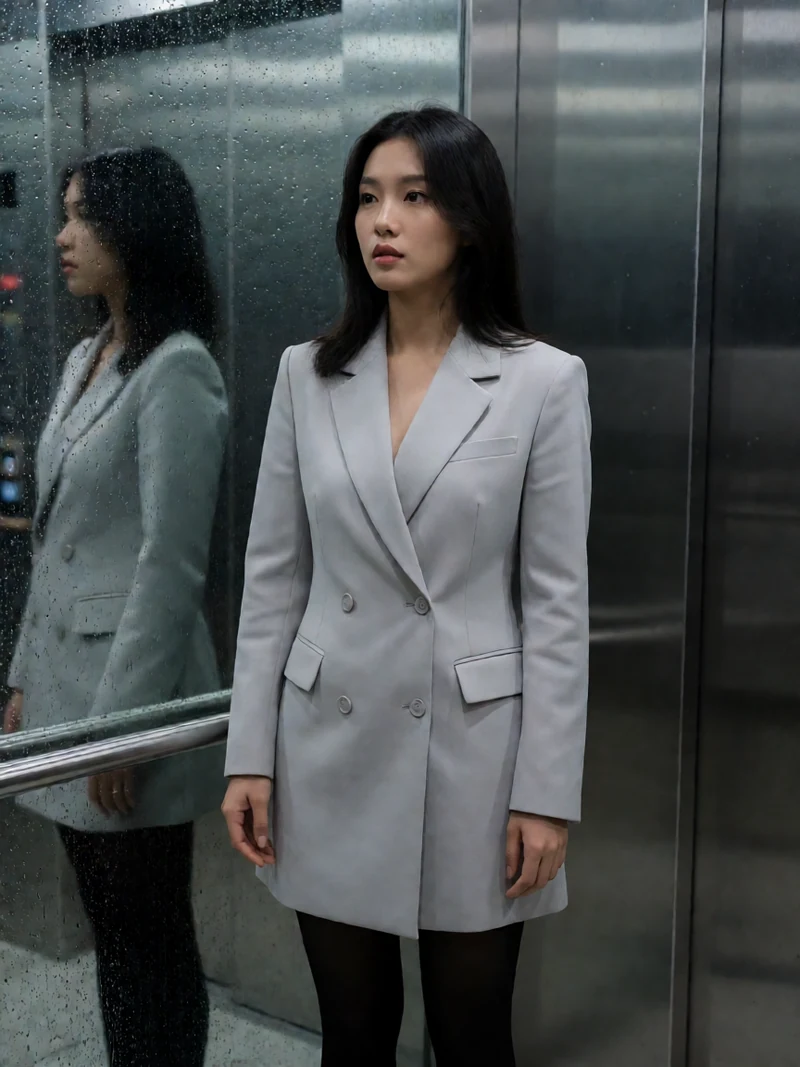 黄瓜视频职场故事主题图：虚构成年女子穿浅灰短西装裙在雨夜电梯旁等候